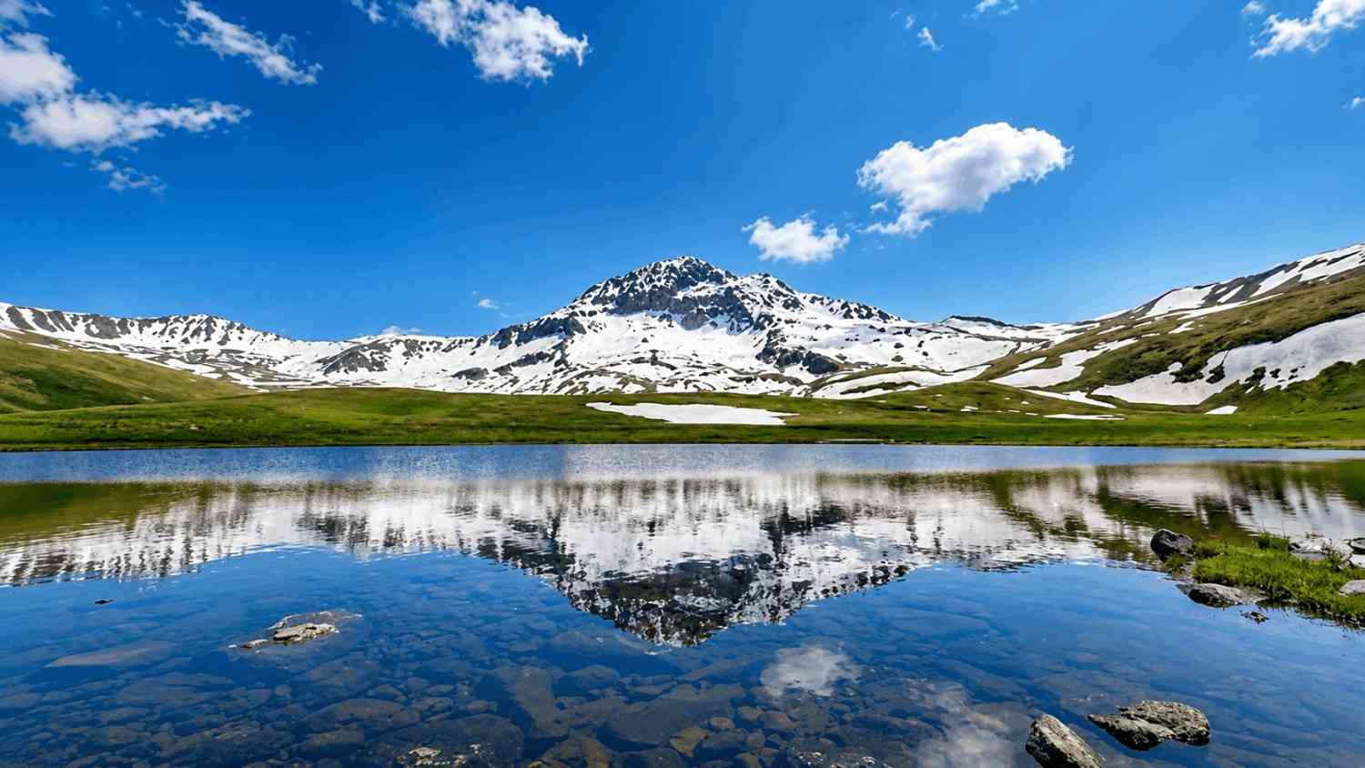 Rapi Lake surrounded by mountain slopes and open sky